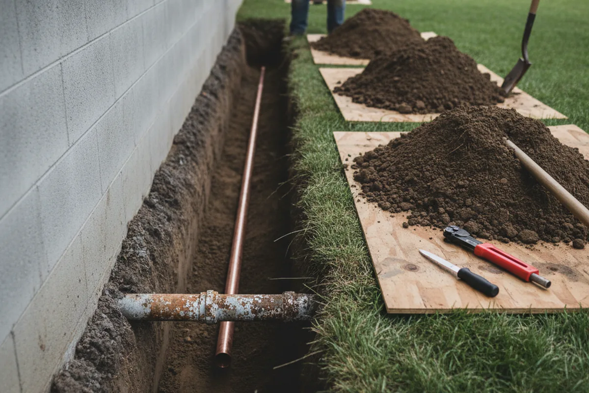 Excavated water line trench during Water Softener Installation in Framingham